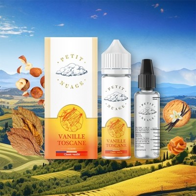 E-liquide Vanille Toscane Petit Nuage 60ml sur paysage toscan avec noix et épices