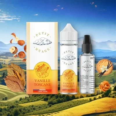 E-liquide Vanille Toscane Petit Nuage 60ml sur paysage toscan avec noix et épices