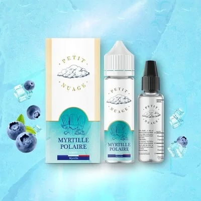 Produit e-liquide Myrtille Polaire de Petit Nuage avec boîte, flacons et myrtilles sur fond bleu