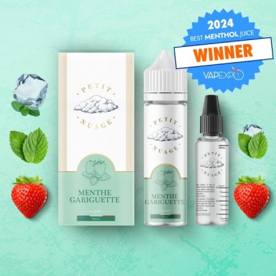 Petit Nuage Menthe Gariguette e-liquide primé avec ingrédients frais sur fond vert Petit Nuage Menthe Gariguette e-liquide primé avec ingrédients frais sur fond vert
