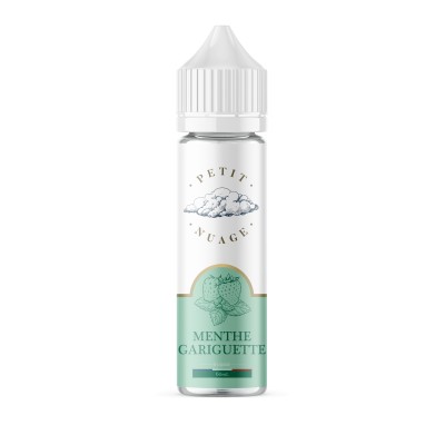 Flacon e-liquide Menthe Gariguette 60ml Petit Nuage, étiquette verte, bouchon blanc Flacon e-liquide Menthe Gariguette 60ml Petit Nuage, étiquette verte, bouchon blanc
