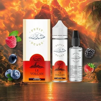 E-liquide Le Volcan de Petit Nuage, arômes fruits rouges, volcan en éruption en arrière-plan