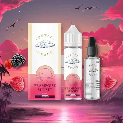 E-liquide Framboise Sunset de Petit Nuage sur fond tropical au coucher du soleil