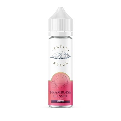 Flacon e-liquide Framboise Sunset 60ml de Petit Nuage, saveur framboise, packaging blanc et rose Flacon e-liquide Framboise Sunset 60ml de Petit Nuage, saveur framboise, packaging blanc et rose