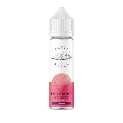 Flacon e-liquide Framboise Sunset 60ml de Petit Nuage, saveur framboise, packaging blanc et rose