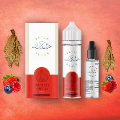 E-liquide Feuilles Rouges Petit Nuage avec fruits rouges et feuilles de tabac sur fond rose