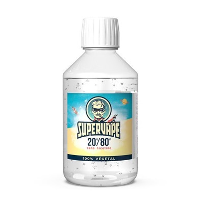 Base e-liquide Supervape 20/80 PG/VG 500ml, bouteille blanche, étiquette verte et jaune