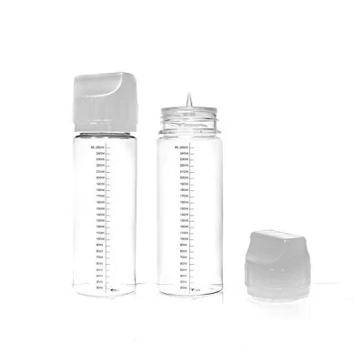 Bouteille graduée 120ml transparente avec pipette amovible, mesures précises, design épuré