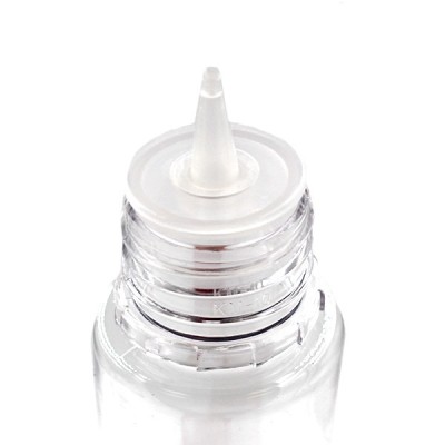 Bouteille graduée transparente 75ml avec pipette amovible blanche, gros plan sur le bouchon Bouteille graduée transparente 75ml avec pipette amovible blanche, gros plan sur le bouchon