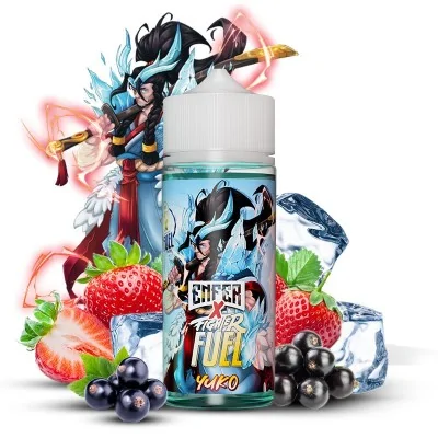 E-liquide Yuko Fighter Fuel fruité aux fraises et cassis avec glace, packaging animé