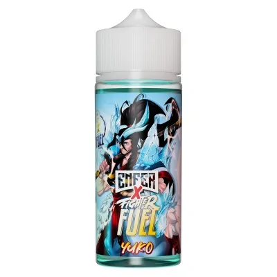 Flacon e-liquide Fighter Fuel Yuko 100ml, étiquette colorée avec personnages de jeu vidéo