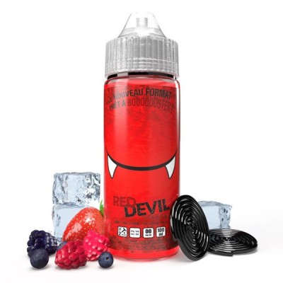 E-liquide Red Devil avec fruits rouges, réglisse et glaçons, bouteille rouge à dents vampires