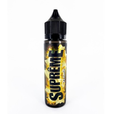 Flacon d'e-liquide Suprême noir avec logo jaune éclatant, produit par Eliquid France