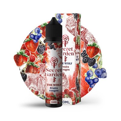 Flacon e-liquide Secret Garden fruits rouges avec packaging coloré aux motifs de baies