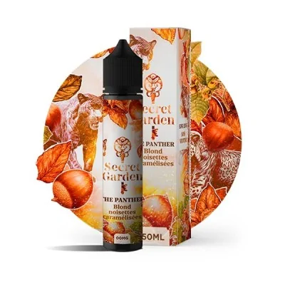 E-liquide The Panther Secret Garden 50ml, flacon et packaging aux motifs automnaux