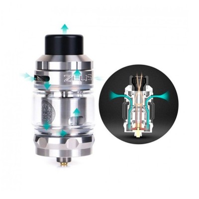 Clearomiseur Z Sub Ohm GeekVape Zeus, design argent et noir avec schéma de flux d'air Clearomiseur Z Sub Ohm GeekVape Zeus, design argent et noir avec schéma de flux d'air