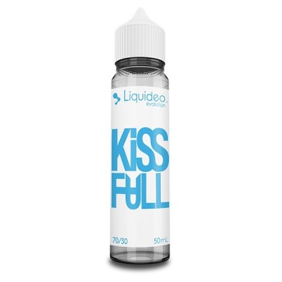 Flacon e-liquide Kiss Full 50ml Evolution de Liquideo, étiquette bleu et blanc
