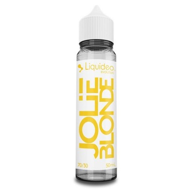 Flacon e-liquide Jolie Blonde 50ml Evolution par Liquideo, texte jaune sur fond blanc