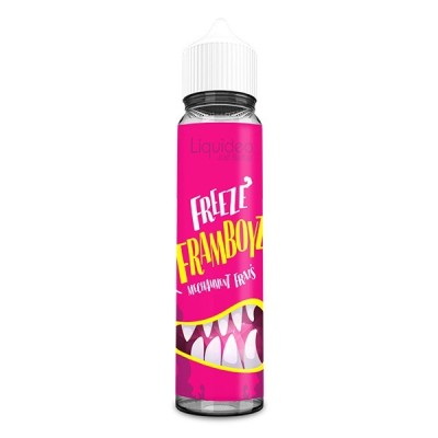 Bouteille de e-liquide Framboyz 50ml Freeze par Liquideo, rose vif avec motif de dents