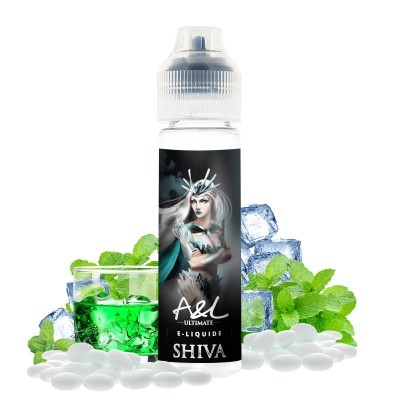 E-liquide Shiva 50ml Ultimate avec saveurs menthe glacée et glaçons, flacon et ingrédients