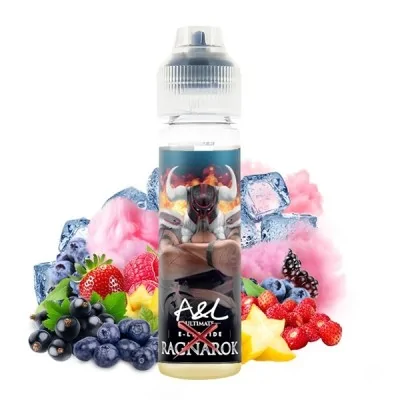 E-liquide Ragnarok aux fruits rouges et glace, bouteille et ingrédients colorés