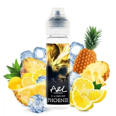 E-liquide Phoenix avec ananas, citrons et glaçons. Bouteille noire avec logo d'aigle doré