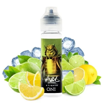 E-liquide Oni agrumes frais avec citron, citron vert, glaçons et illustration fantastique