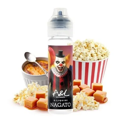 E-liquide Nagato saveur pop-corn caramel avec image de clown et popcorn