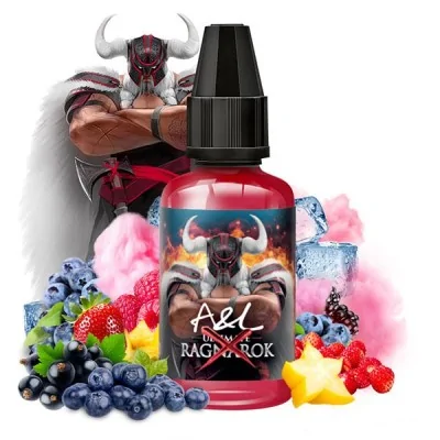 Concentré Ragnarok X: e-liquide fruité avec motif viking, entouré de fruits rouges et bleus