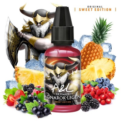 Flacon d'arôme Ragnarok Legend entouré de fruits, glace et symboles viking