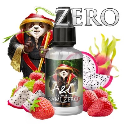 Bouteille d'arôme Kami Zero avec fruits exotiques et mascotte panda en costume Bouteille d'arôme Kami Zero avec fruits exotiques et mascotte panda en costume