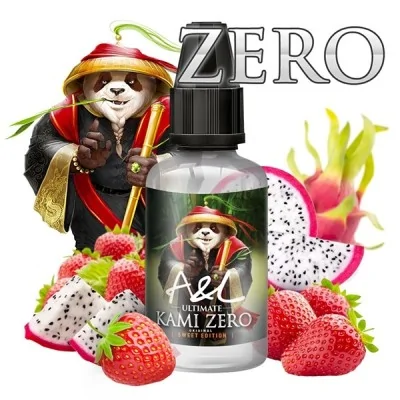 Bouteille d'arôme Kami Zero avec fruits exotiques et mascotte panda en costume