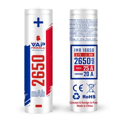 Batterie IMR 18650 Vap Procell 2650mAh, haute capacité, design bleu blanc rouge, logo + Batterie IMR 18650 Vap Procell 2650mAh, haute capacité, design bleu blanc rouge, logo +