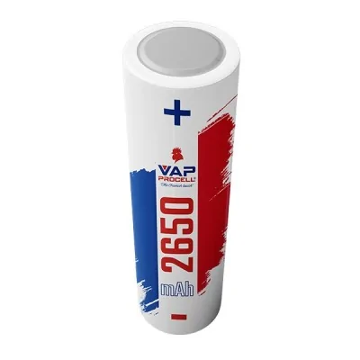 Batterie rechargeable IMR 18650 Vap Procell 2650mAh, cylindre blanc avec logo bleu et rouge