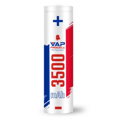 Batterie Vap Procell 18650 3500mAh, design blanc/bleu/rouge avec logo et capacité visible Batterie Vap Procell 18650 3500mAh, design blanc/bleu/rouge avec logo et capacité visible