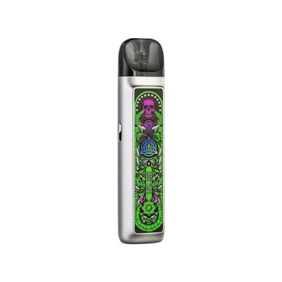 Kit Pod Ursa Nano 2 Lost Vape blanc avec design vert et violet, motif tête de mort Kit Pod Ursa Nano 2 Lost Vape blanc avec design vert et violet, motif tête de mort