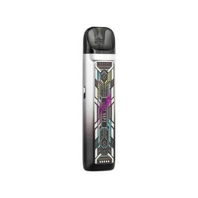 Kit Pod Ursa Nano 2 Lost Vape, design futuriste argenté avec motif géométrique coloré Kit Pod Ursa Nano 2 Lost Vape, design futuriste argenté avec motif géométrique coloré