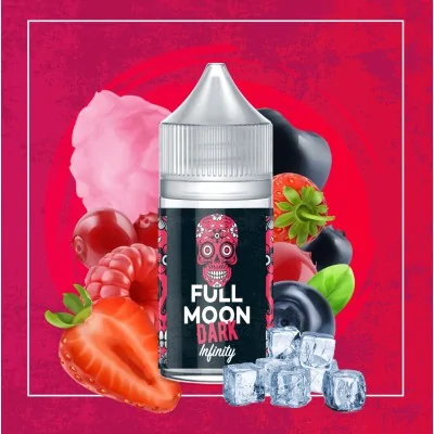 Flacon e-liquide Full Moon Dark Infinity entouré de fruits rouges, glace et crème