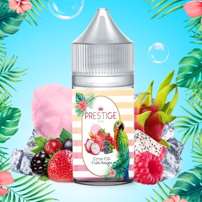 Flacon e-liquide Prestige entouré de fruits exotiques, coton et glace sur fond tropical Flacon e-liquide Prestige entouré de fruits exotiques, coton et glace sur fond tropical
