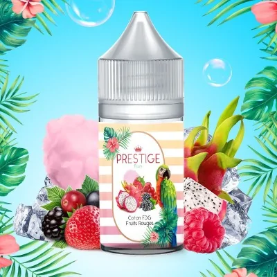 Flacon e-liquide Prestige entouré de fruits exotiques, coton et glace sur fond tropical