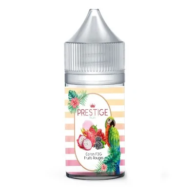 Flacon e-liquide Prestige parfum fruits exotiques et gourmands, design tropical