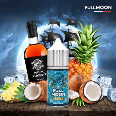 Bouteille de rhum, e-liquide Full Moon, ananas, noix de coco, glace sur fond de pirate Bouteille de rhum, e-liquide Full Moon, ananas, noix de coco, glace sur fond de pirate