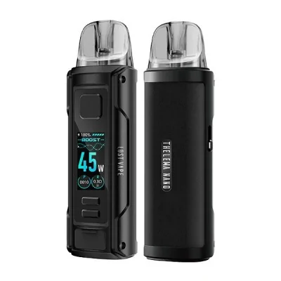 Kit Pod Thelema Nano Lost Vape noir avec écran digital affichant 45W et réservoir transparent