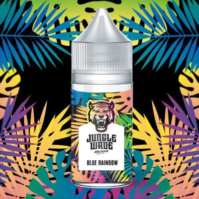 Bouteille e-liquide Jungle Wave Blue Rainbow avec motif tropical et logo tigre coloré Bouteille e-liquide Jungle Wave Blue Rainbow avec motif tropical et logo tigre coloré