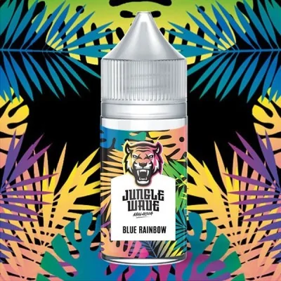 Bouteille e-liquide Jungle Wave Blue Rainbow avec motif tropical et logo tigre coloré