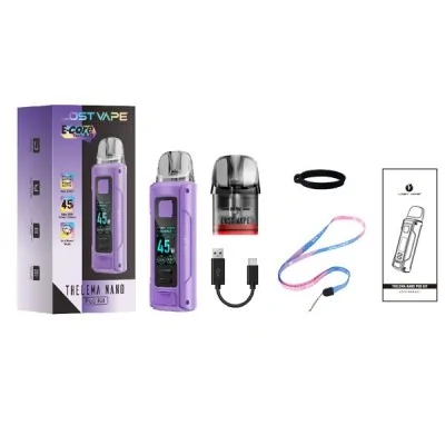 Kit Pod Thelema Nano Lost Vape violet avec accessoires, écran LCD et cartouche rechargeable