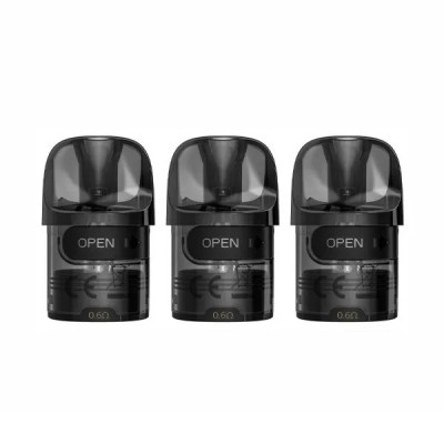 Trois pods de remplacement noirs Lost Vape E-Plus 3ml avec inscription 'OPEN' visible