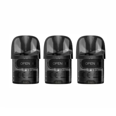 Trois pods de remplacement noirs Lost Vape E-Plus 3ml avec inscription 'OPEN' visible