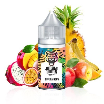 Flacon e-liquide Jungle Wave entouré de fruits exotiques : ananas, mangue, fruit du dragon Flacon e-liquide Jungle Wave entouré de fruits exotiques : ananas, mangue, fruit du dragon