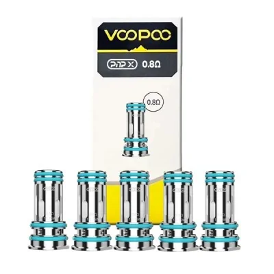 Résistances PnP-X Voopoo 0.8Ω en pack de 5, boîte et coils bleus en métal pour cigarette électronique